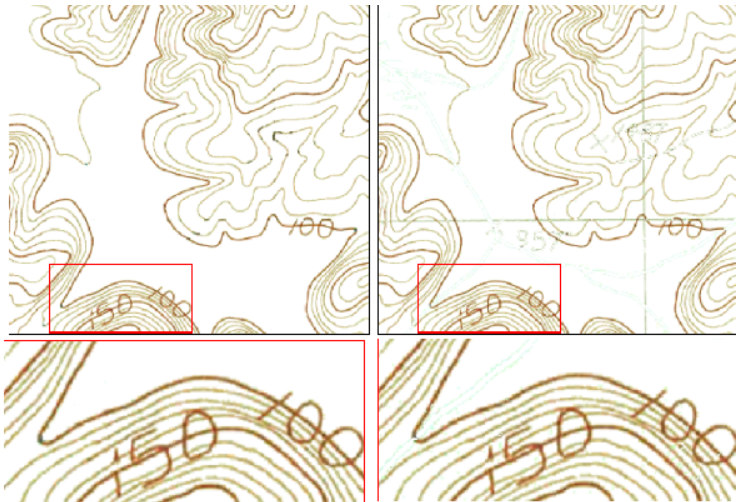 Line separation from topographic maps using regional color and spatial information
